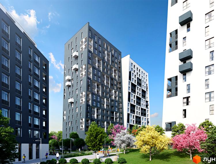 Житловий комплекс Америка: сучасна архітектура з балконами та вікнами, зелена прибудинкова територія з деревами та дитячим майданчиком.