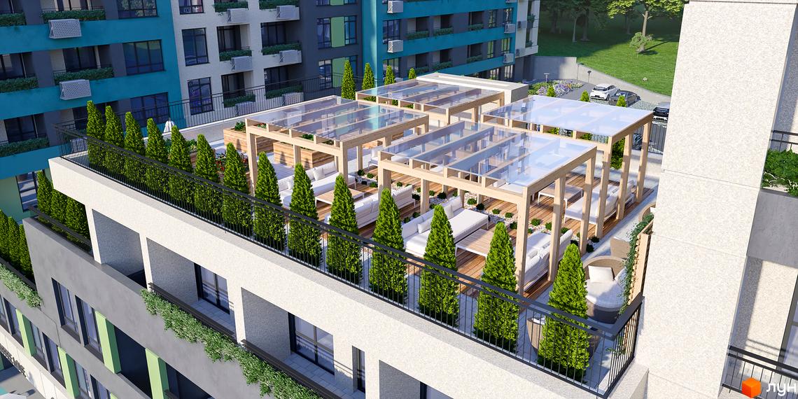 Житловий комплекс Голоські кручі має сучасний дизайн, з просторими терасами та зеленими зонами для відпочинку. На території комплексу розташовані зони для відпочинку з меблями та навісами.