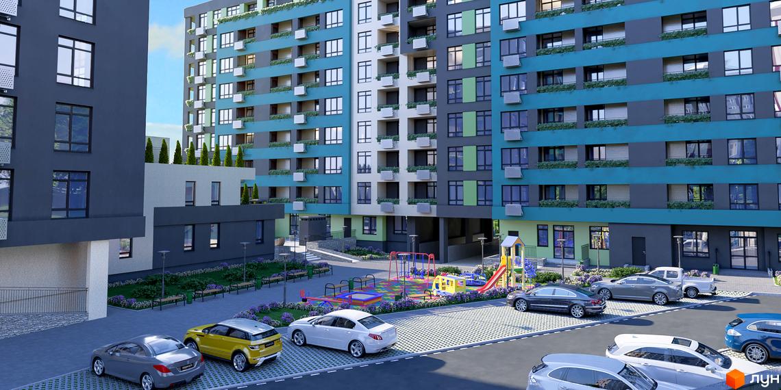 Житловий комплекс Голоські кручі: фасади будівель з блакитними та сірими елементами, прибудинкова територія з дитячим майданчиком та парковкою.