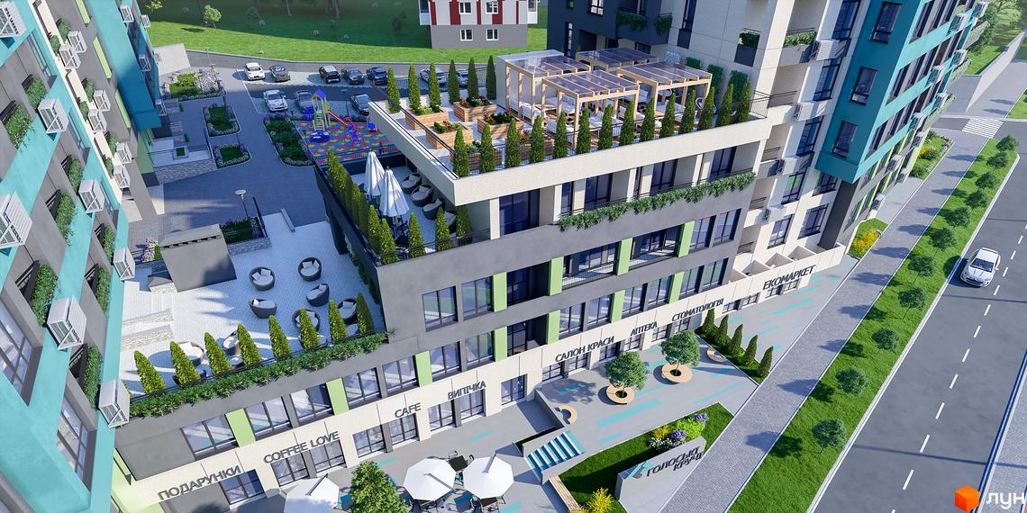 Житловий комплекс Голоські кручі - це сучасна новобудова з фасадами бірюзового та сірого кольорів, що має зелену терасу з зонами відпочинку та дитячий майданчик.