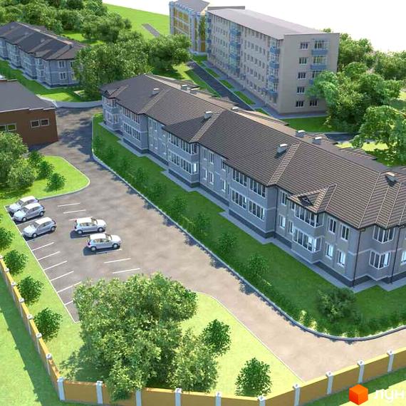 Житловий комплекс Городок з сірими фасадами та великою кількістю вікон, розташований біля зеленої зони з парковкою та парканом.