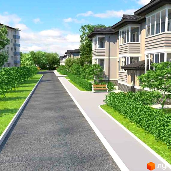 Житловий комплекс Городок: фасади будинків з балконами та зелені насадження вздовж доріжки. Охайний двір з лавкою та акуратними кущами.