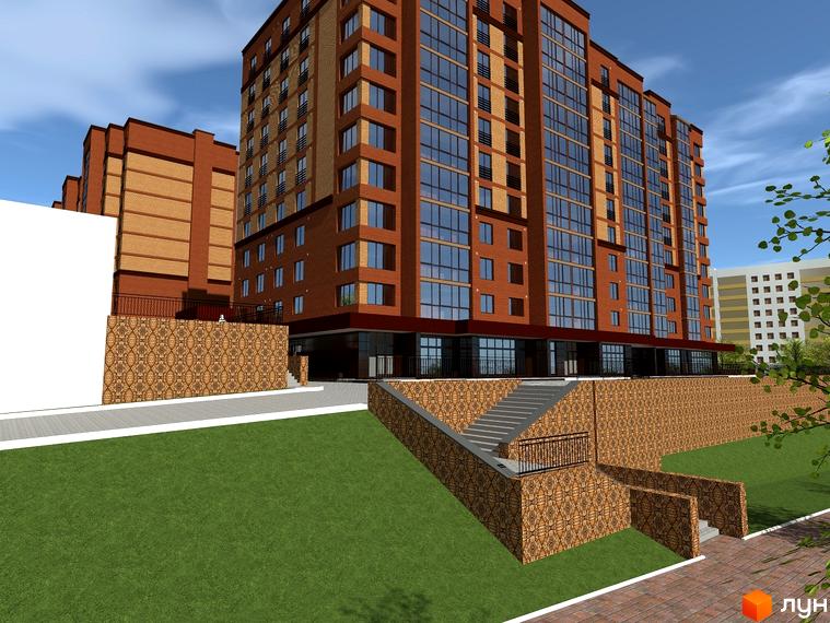 Вид на цегляний житловий комплекс по вул. Лучаківського-Тролейбусна з зеленим схилом та сходами. Зовнішній вигляд новобудови з численними вікнами та балконами.