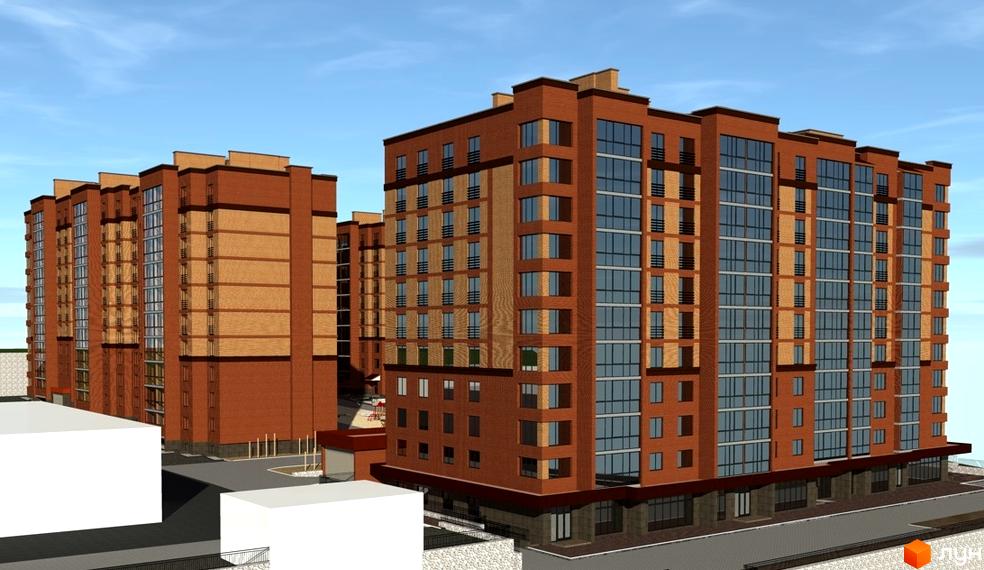 Зовнішній вигляд новобудови ЖК по вул. Лучаківського-Тролейбусна, що складається з цегляних будинків з великою кількістю вікон. На прибудинковій території видно частину дороги та білі будівлі.