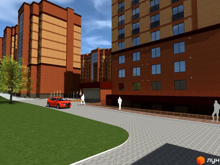Зовнішній вигляд новобудови ЖК по вул. Лучаківського-Тролейбусна з червоної цегли та прибудинкова територія з автомобілем та зеленим газоном.