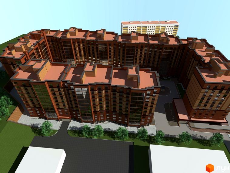 Зовнішній вигляд житлового комплексу по вул. Лучаківського-Тролейбусна з цегляним фасадом та великими вікнами, прибудинкова територія з зеленими насадженнями та дорогою.