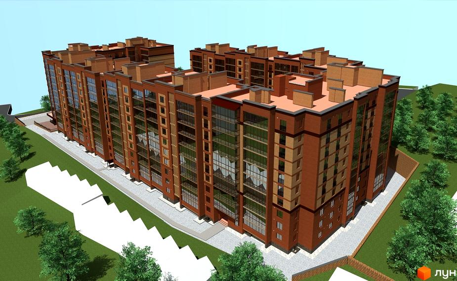 Зовнішній вигляд житлового комплексу по вул. Лучаківського-Тролейбусна з цегляним фасадом та великими вікнами. На прибудинковій території видно зелені насадження та зони відпочинку.