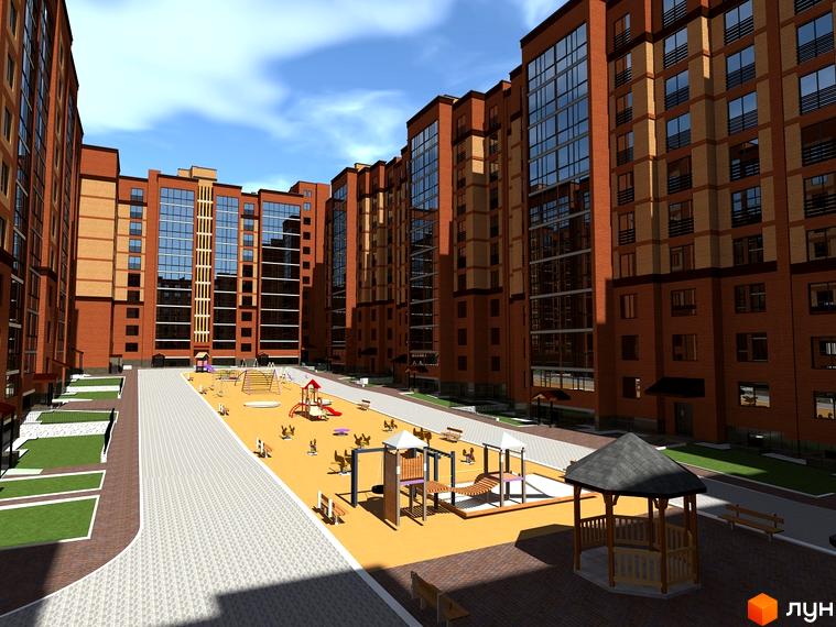 Зовнішній вигляд багатоквартирних будинків з червоної цегли з великими вікнами та дитячим майданчиком на прибудинковій території житлового комплексу по вул. Лучаківського-Тролейбусна.