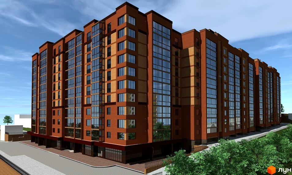 Зовнішній вигляд житлового комплексу по вул. Лучаківського-Тролейбусна з цегляним фасадом та великими вікнами. Навколо комплексу зелені насадження та доглянута прибудинкова територія.