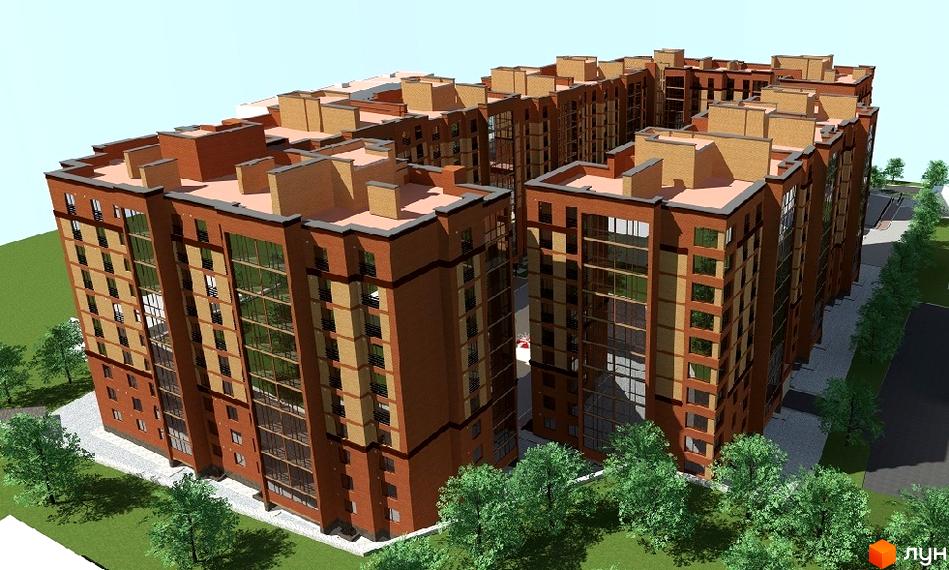 Житловий комплекс по вул. Лучаківського-Тролейбусна - це багатоповерхові будинки з цегляним фасадом та великими вікнами, оточені зеленими насадженнями та доглянутою територією.