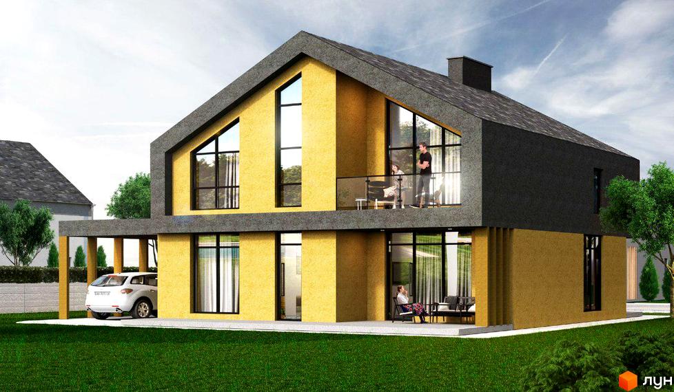 Котеджне містечко Фортеця Колонщини: двоповерховий будинок з жовтими та сірими фасадами, великими вікнами, балконом та навісом для авто. Навколо будинку зелений газон та дерева.