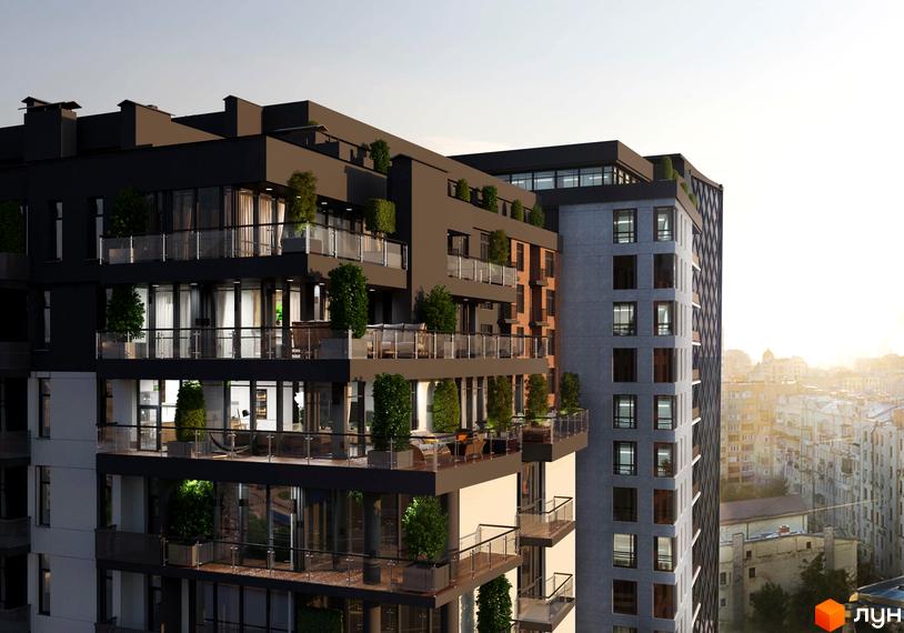 Фасад житлового комплексу Be the One з терасами та зеленню. Сучасна архітектура новобудови з панорамними вікнами та скляними балконами.