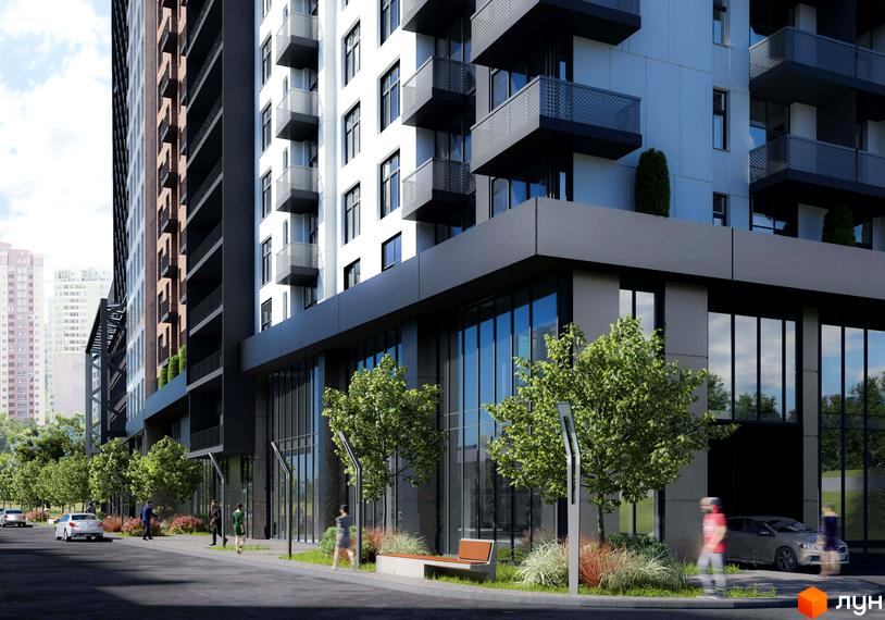 Фасад житлового комплексу Be the One з балконами та великими вікнами, зелена прибудинкова територія з деревами та лавкою.