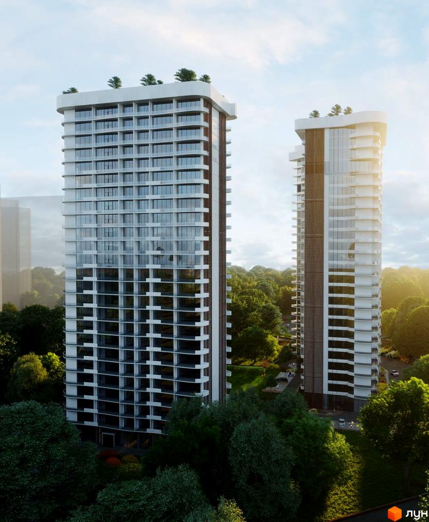 Житловий комплекс Emporium Tower - це дві висотні будівлі з панорамним склінням та балконами, оточені зеленню та парковою зоною.