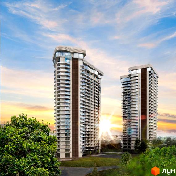 Зображення двох багатоповерхових будинків Emporium Tower на фоні неба та зелені. Архітектура будівель вирізняється плавними лініями.