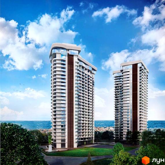 Житловий комплекс Emporium Tower - це дві висотні будівлі з вигнутими фасадами та скляними балконами, розташовані біля моря на тлі блакитного неба з хмарами. Територія навколо комплексу озеленена.