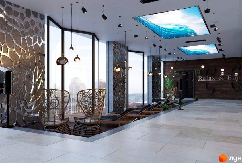 Інтер'єр зони відпочинку у Житловому комплексі Emporium Tower з плетеними кріслами та панорамними вікнами. Вид на місто з вікон.