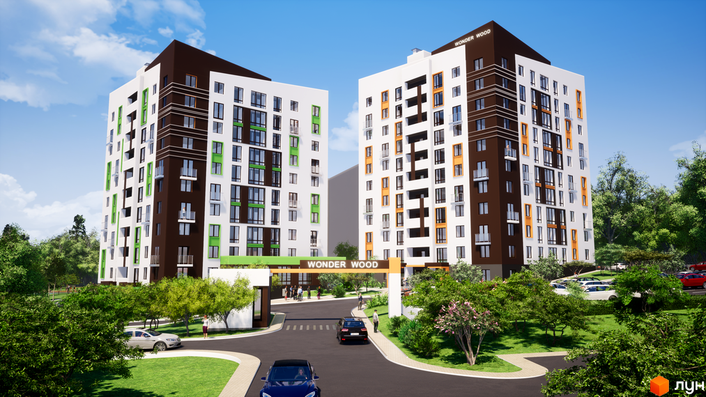 Житловий комплекс Wonderwood представлений двома багатоповерховими будинками біло-коричневого кольору із зеленими та помаранчевими елементами. Прибудинкова територія озеленена деревами та має дороги.