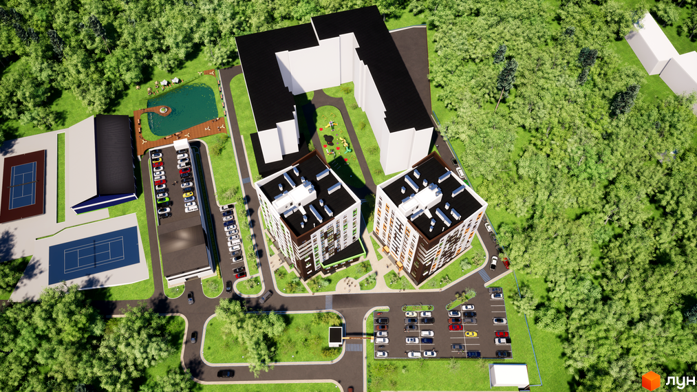 Житловий комплекс Wonderwood з багатоповерховими будинками коричневого та білого кольорів та прибудинковою територією з парковками, тенісними кортами та водоймою.