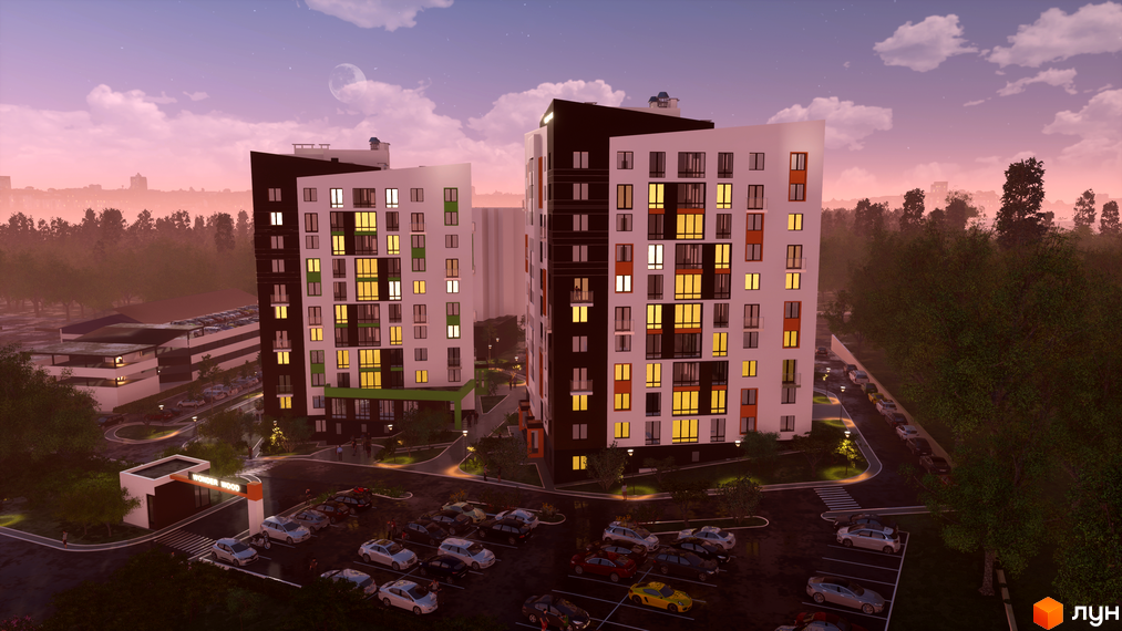 Новобудова Wonderwood: багатоповерхові будинки з контрастними фасадами та освітленими вікнами. На території є паркінг і зелені зони.