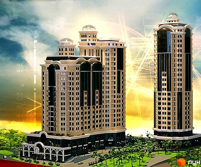 Житловий комплекс Арк Палас з двома висотними будинками та зеленими насадженнями на прибудинковій території.