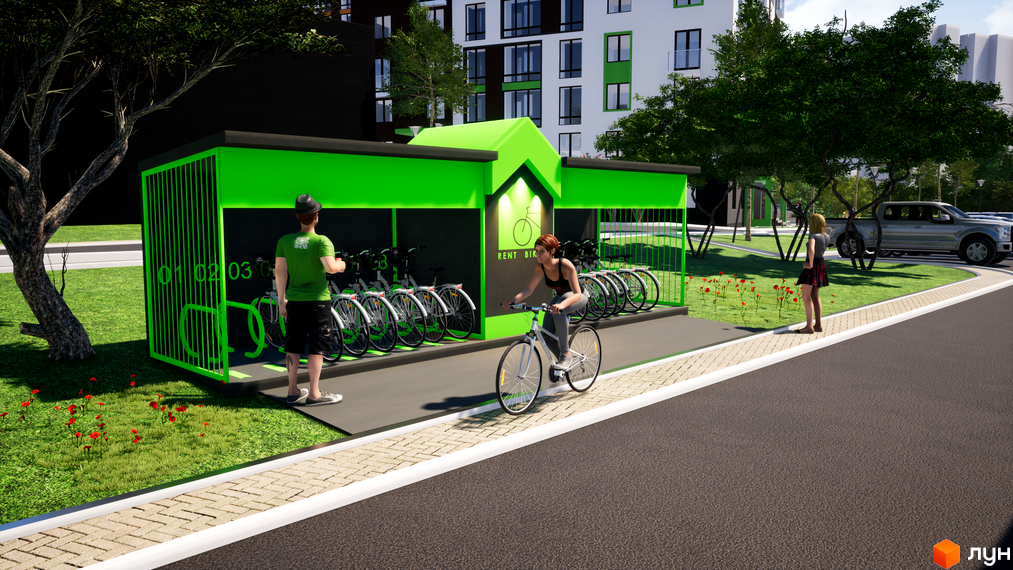 Житловий комплекс Wonderwood з багатоповерховими будівлями та облаштованою прибудинковою територією, що включає зелені насадження та станцію прокату велосипедів.