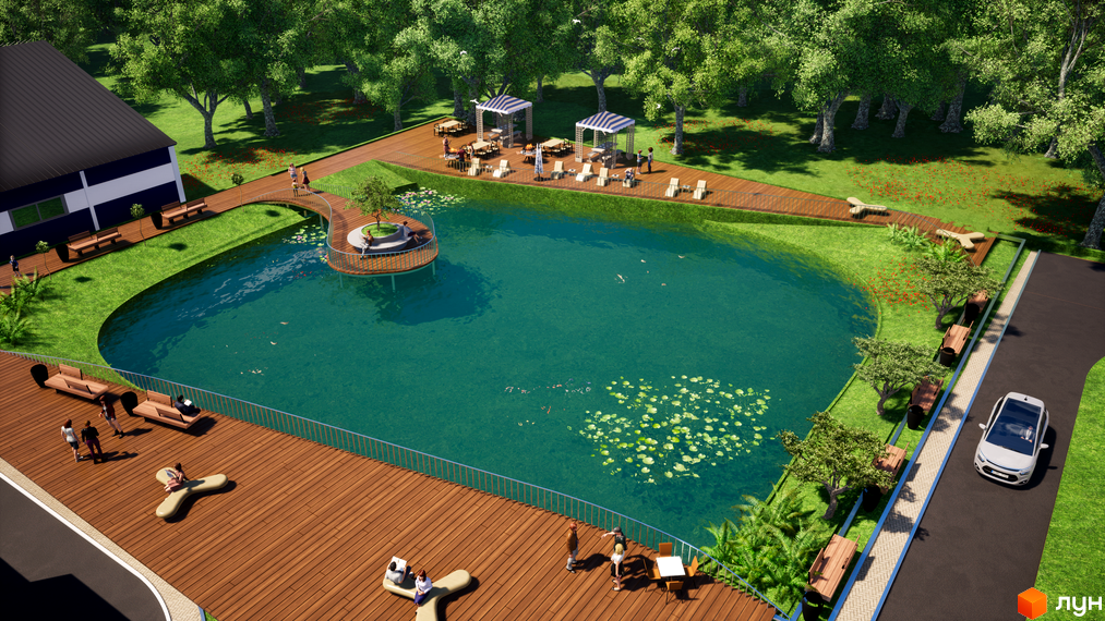 Житловий комплекс Wonderwood з озером та зоною відпочинку. На території розташовані дерев'яні тераси, альтанки та місця для сидіння.