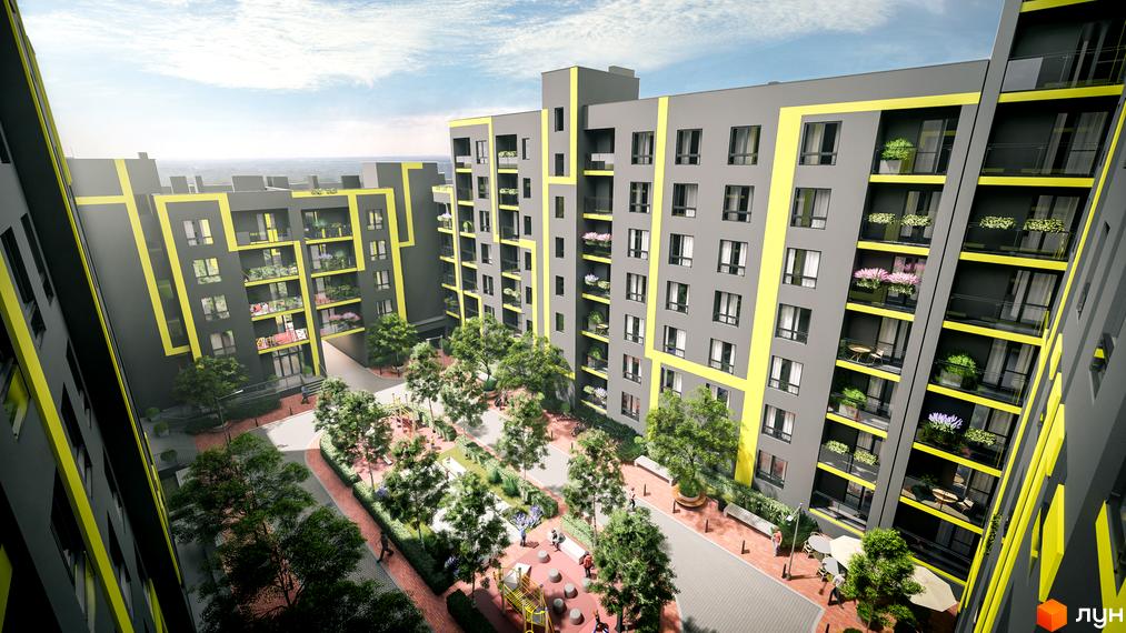 Житловий комплекс Шенген з сірими багатоповерховими будинками з жовтими акцентами. На території комплексу розташовані дерева, дитячий майданчик та зони відпочинку.