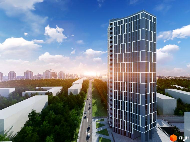 Житловий комплекс Вежа на Ломоносова - сучасна новобудова з панорамним склінням та унікальним дизайном фасаду. Навколо комплексу зелена зона та міська інфраструктура.