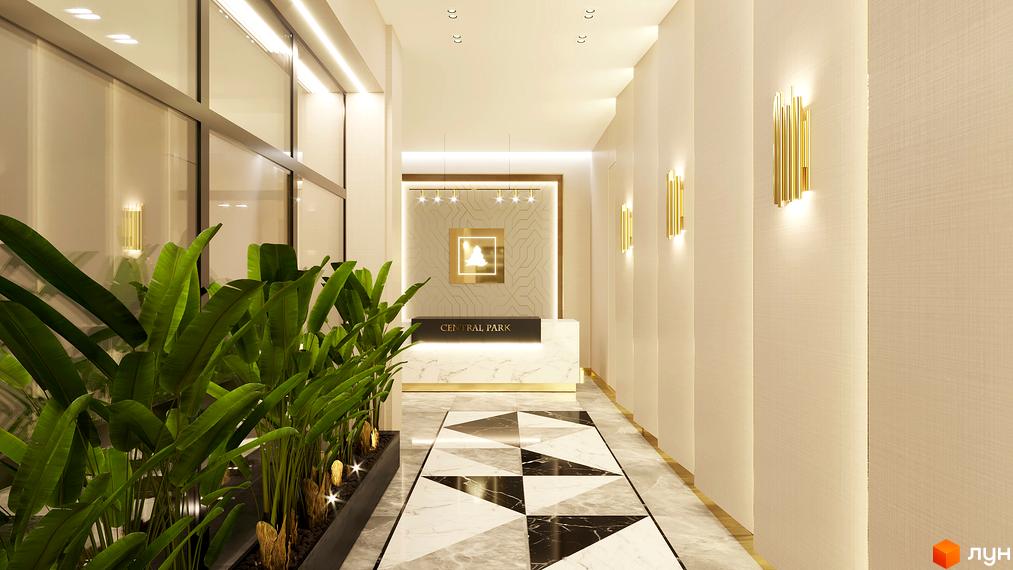 Лобі житлового комплексу Central Park з мармуровою стійкою реєстрації та рослинами. Сучасний дизайн інтер'єру з золотими акцентами та геометричним візерунком на стіні.