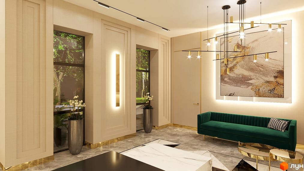 Дизайн холу в житловому комплексі Central Park з зеленою канапою, картиною та великими вікнами. Сучасний інтер'єр новобудови.