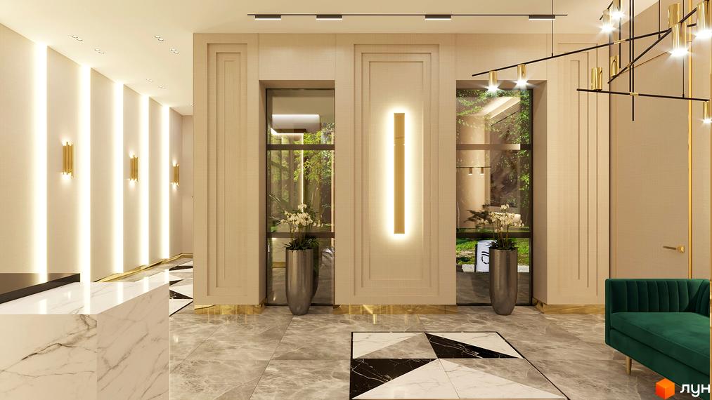 Дизайн холу в житловому комплексі Central Park. Просторий та світлий хол з мармуровою стійкою, підсвіченими стінами та великими вікнами з видом на зелень.