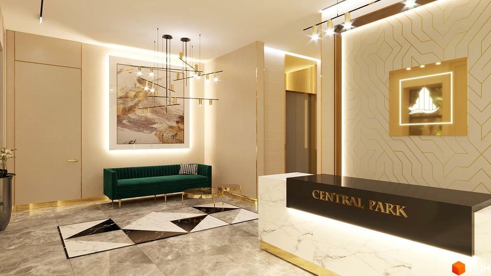 Лобі житлового комплексу Central Park з дизайнерським ремонтом, зелений диван та мармурова стійка реєстрації. Сучасний інтер'єр з золотими елементами.