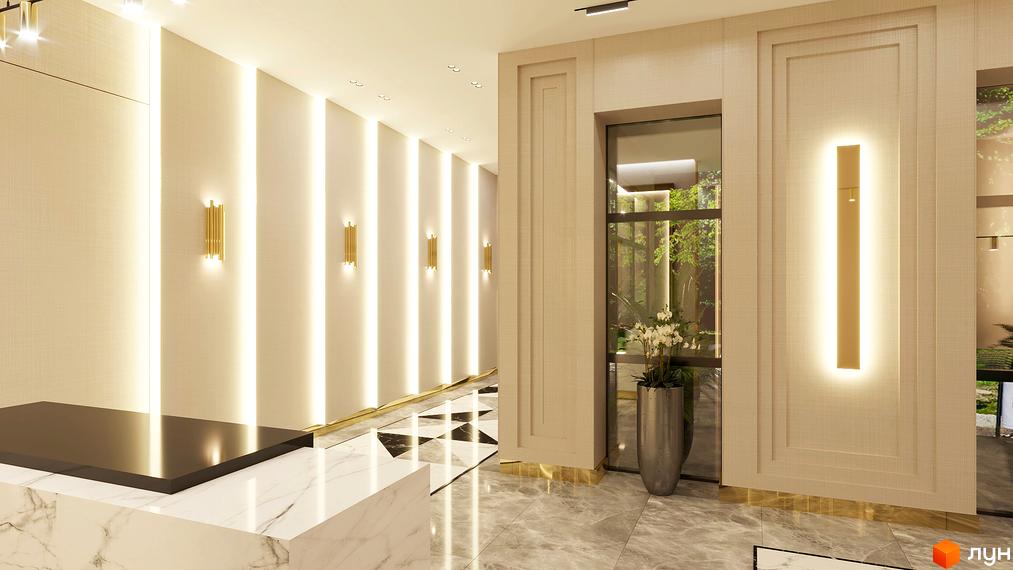 Дизайн холу новобудови ЖК Central Park з мармуровою обробкою та золотими елементами освітлення. Просторий коридор з підсвіченими стінами та геометричним візерунком на підлозі.