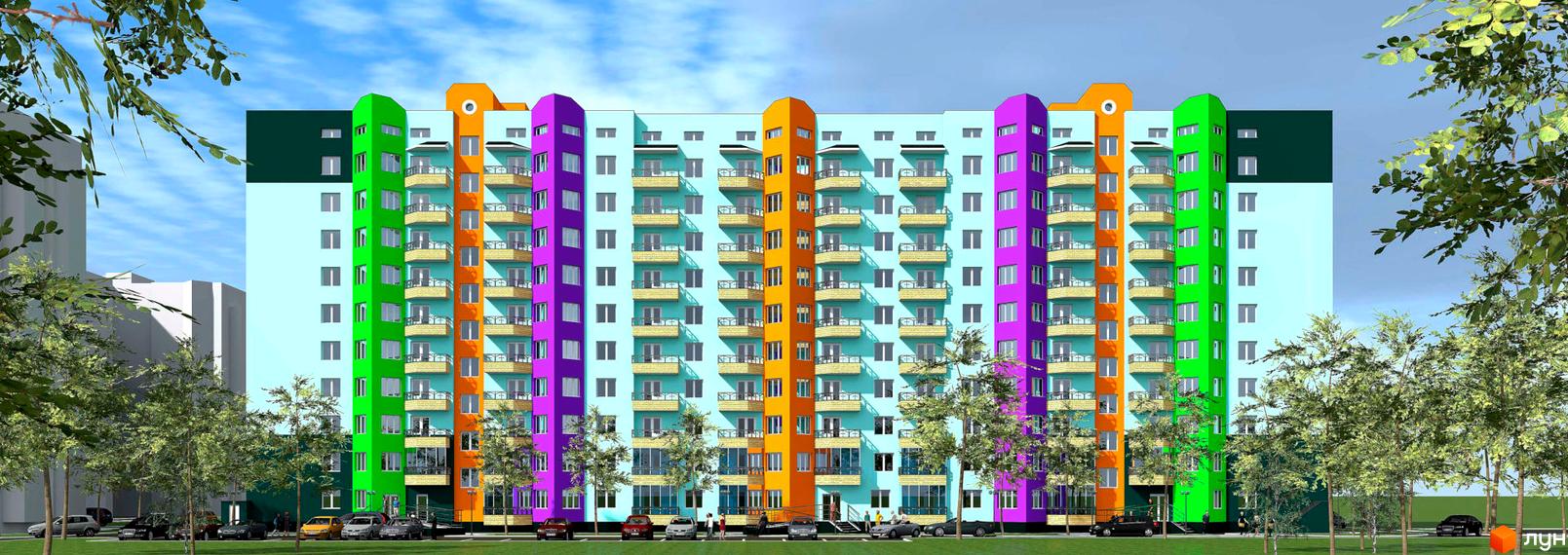 Яскравий житловий комплекс Павленківська площа, 3в, з різнокольоровими фасадами та балконами, оточений деревами та автомобілями.