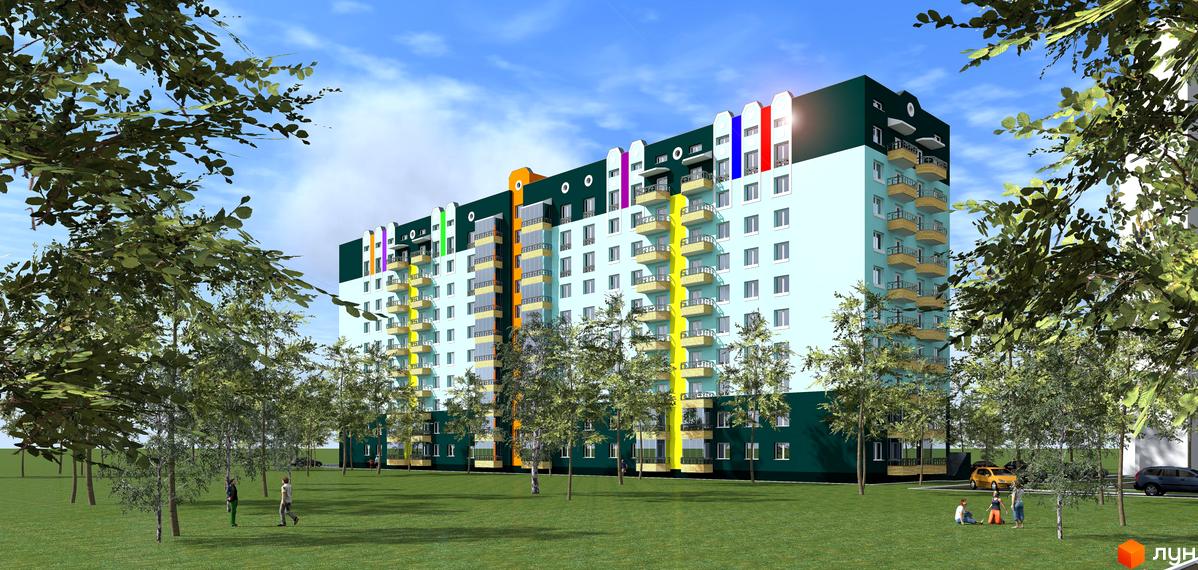 Зовнішній вигляд житлового комплексу Павленківська площа, 3в, з яскравими кольоровими акцентами та балконами. Навколо будинку зелений газон з деревами та людьми.