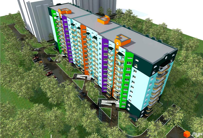 Зовнішній вигляд житлового комплексу Павленківська площа, 3в, з яскравими фасадами та балконами, оточений деревами та парковкою.