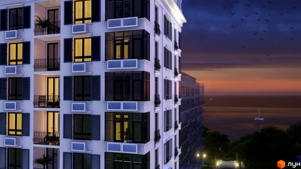 Житловий комплекс Otrada Sky з елегантними фасадами та балконами, що виходять на море. Навколо комплексу розташовані зелені насадження та освітлені алеї.