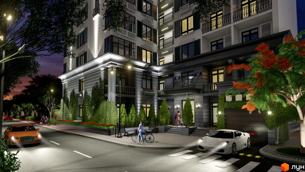 Житловий комплекс Otrada Sky у вечірній час з підсвіченим фасадом та доглянутою прибудинковою територією з деревами та доріжками.