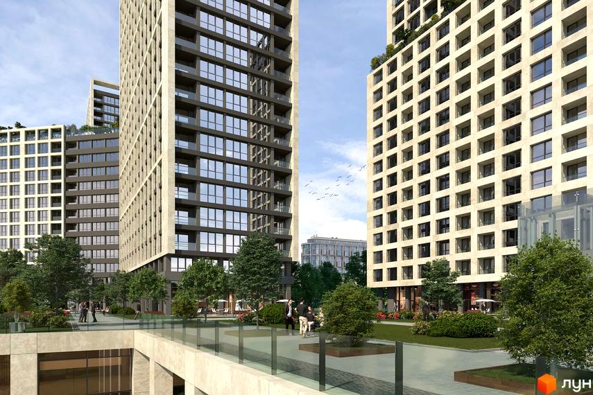 Високі будинки житлового комплексу Greenville на Печерську з панорамними вікнами, поруч доглянута прибудинкова територія з зеленими насадженнями.