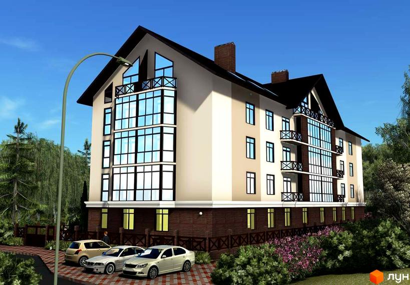 Зовнішній вигляд новобудови ЖК Rainbow House з великими вікнами та балконами. Прибудинкова територія з деревами та автомобілями.