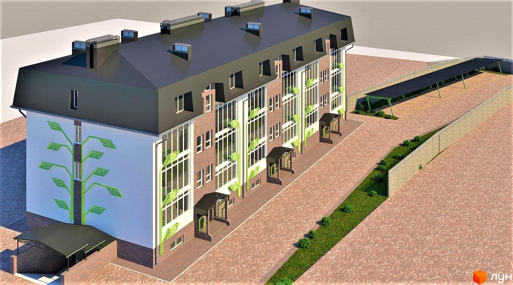 Клубний будинок Весна на вулиці Осінній з цегляним фасадом, великими вікнами та зеленими елементами декору. Прибудинкова територія з парковкою та вимощеною бруківкою.