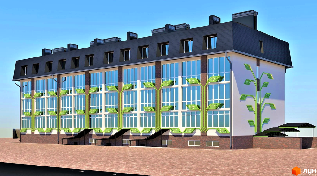 Клубний будинок „Весна на вулиці Осінній“ з фасадом з великими вікнами та зеленими декоративними елементами у вигляді дерев. На прибудинковій території видно навіси для автомобілів.