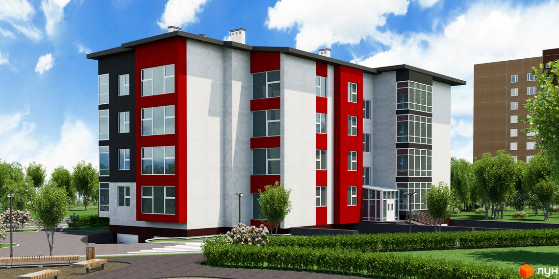 Житловий комплекс Особливий. Багатоповерховий будинок з білими стінами та червоними вставками. На прибудинковій території є дерева, кущі та лавки.