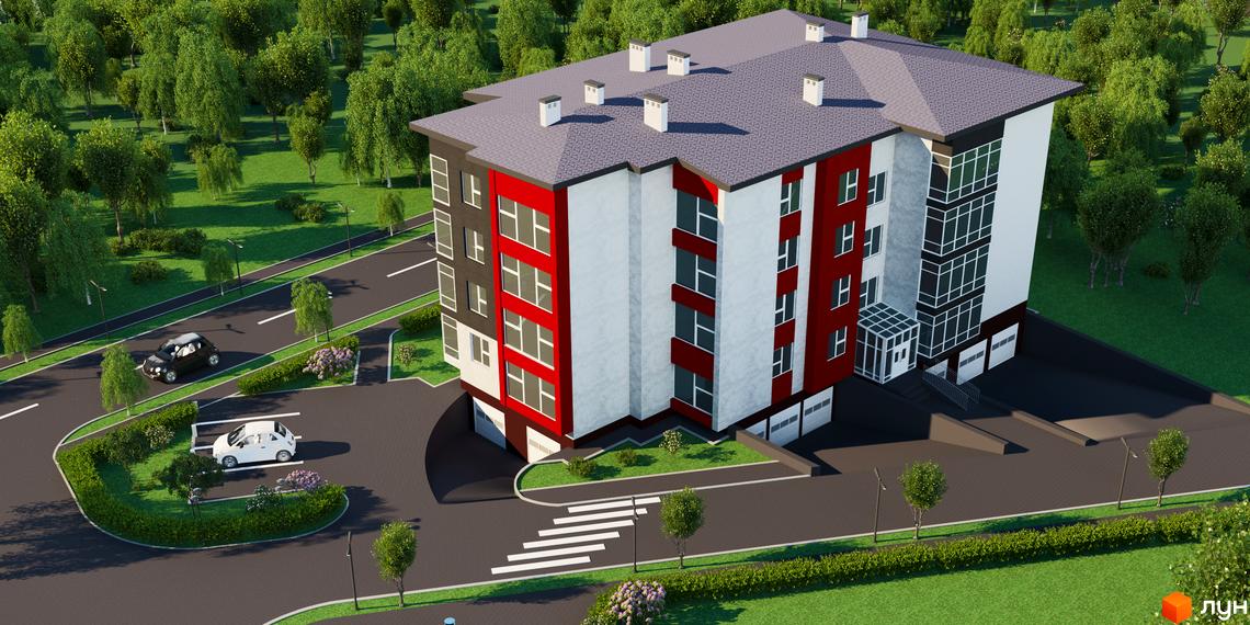 Житловий комплекс Особливий. Багатоповерховий будинок з червоними та білими фасадами, великими вікнами та сірим дахом. На території є парковка для автомобілів, зелені насадження та доріжки.