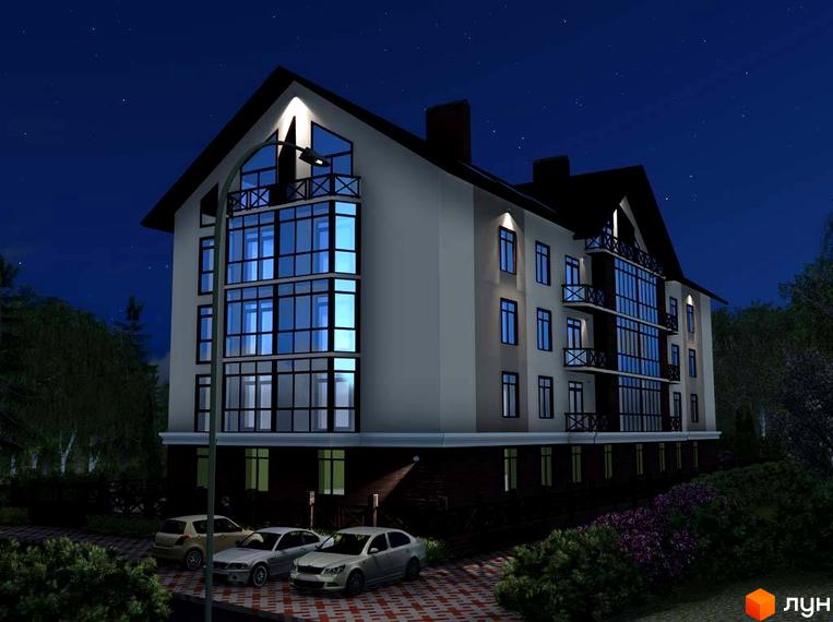 Житловий комплекс Rainbow House вночі. Багатоквартирний будинок з великими вікнами та балконами, освітлений ліхтарями. Навколо будинку розташовані дерева та автомобілі на парковці.