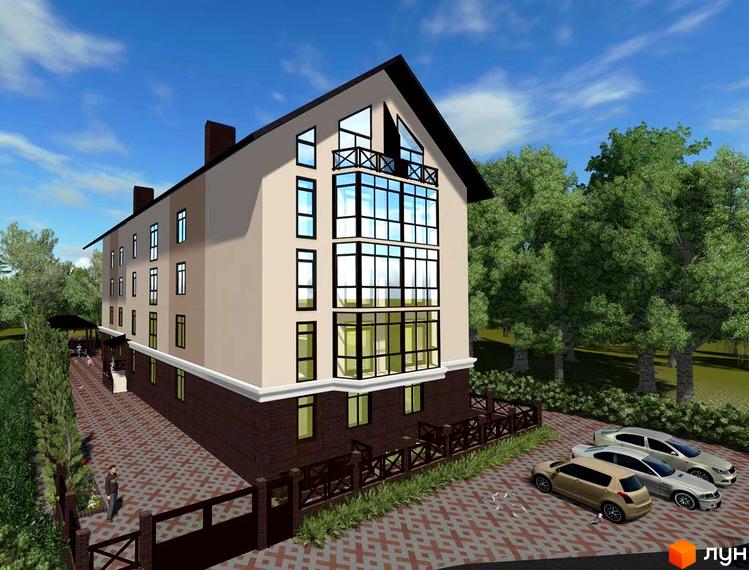 Зовнішній вигляд новобудови ЖК Rainbow House з великими вікнами та балконом. Прибудинкова територія з парковкою та зеленими насадженнями.