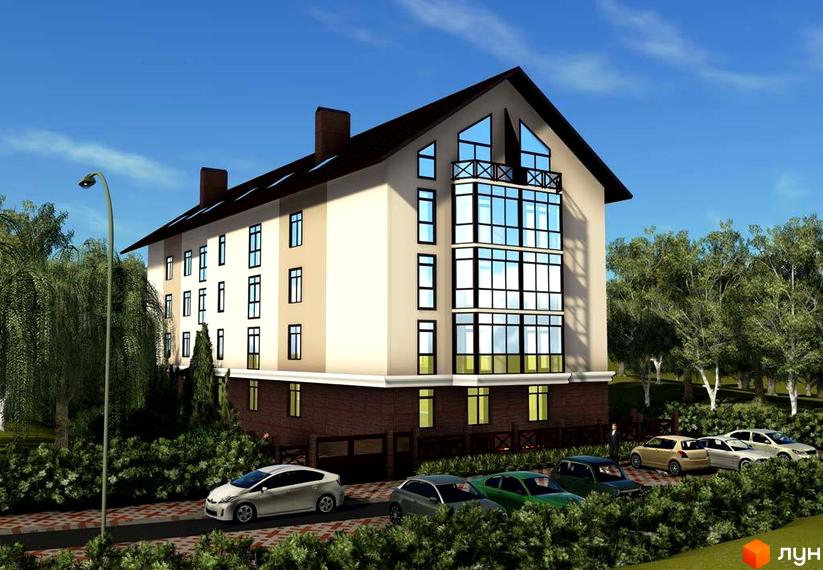 Житловий комплекс Rainbow House - сучасна архітектура та затишна прибудинкова територія з парковкою. Зовнішній вигляд будівлі з великими вікнами та балконами.