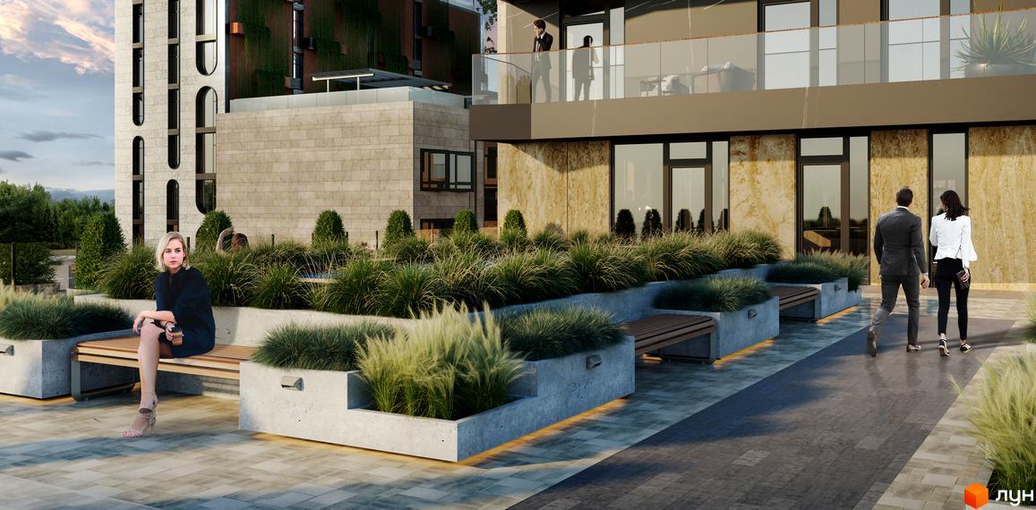 Житловий комплекс Struetinsky Residence. Зовнішній вигляд будівлі з оздобленням з каменю та зеленою стіною. Прибудинкова територія з ландшафтним дизайном та зонами відпочинку.