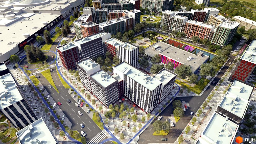 Житловий комплекс Respublika: багатоповерхові житлові будинки з фасадами різних кольорів, облаштована прибудинкова територія з дорогами, зеленими зонами та пішохідними доріжками.